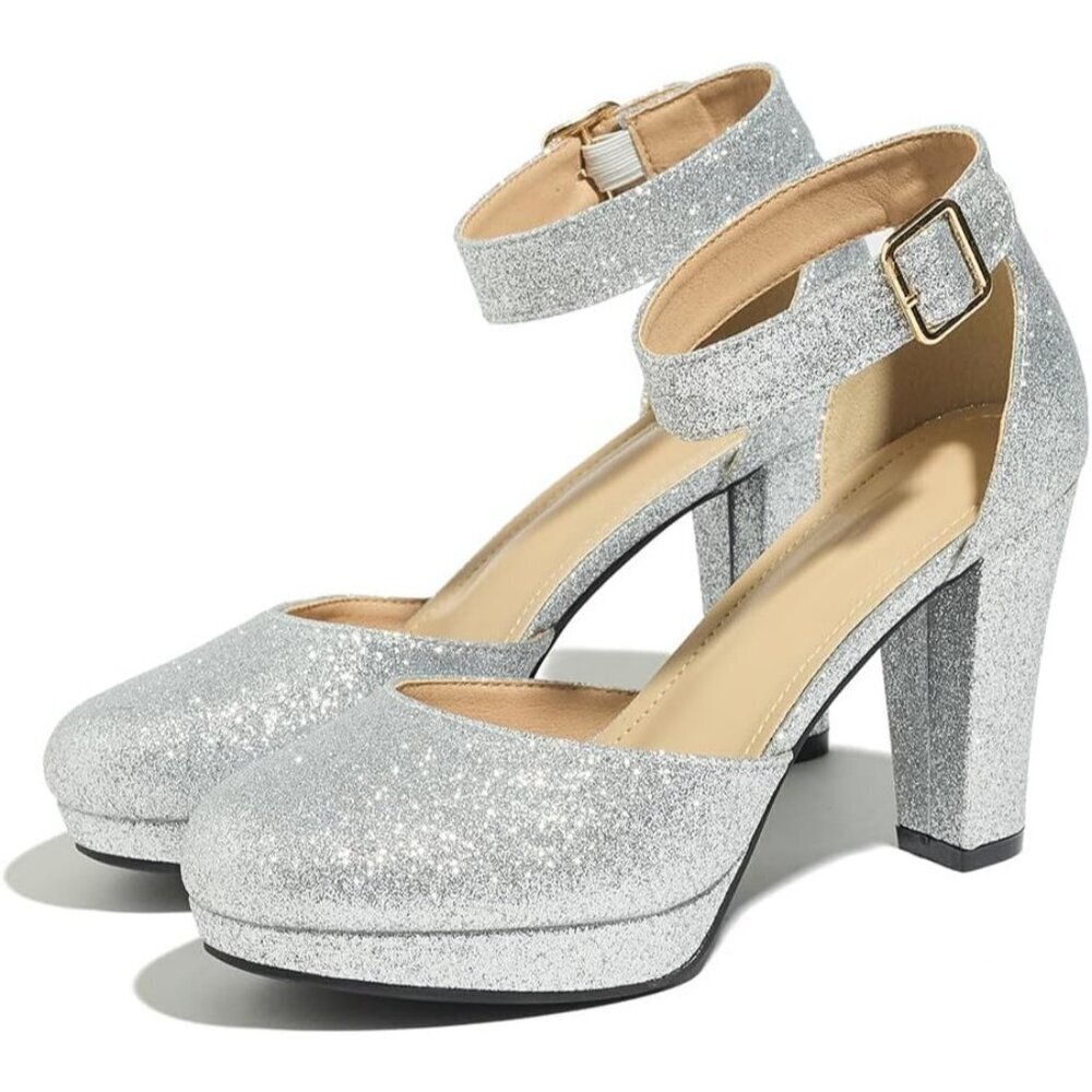 Women's High Block Heels Pumps Round Closed Toe Ankle Strap Wedding Dress Shoes
